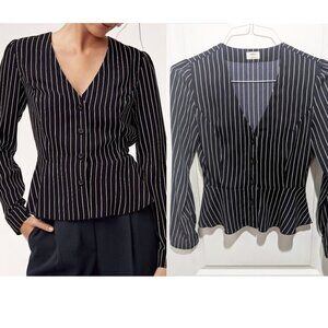 Aritzia Wilfred | Sabina Peplum Blouse in Navy Pinstripe